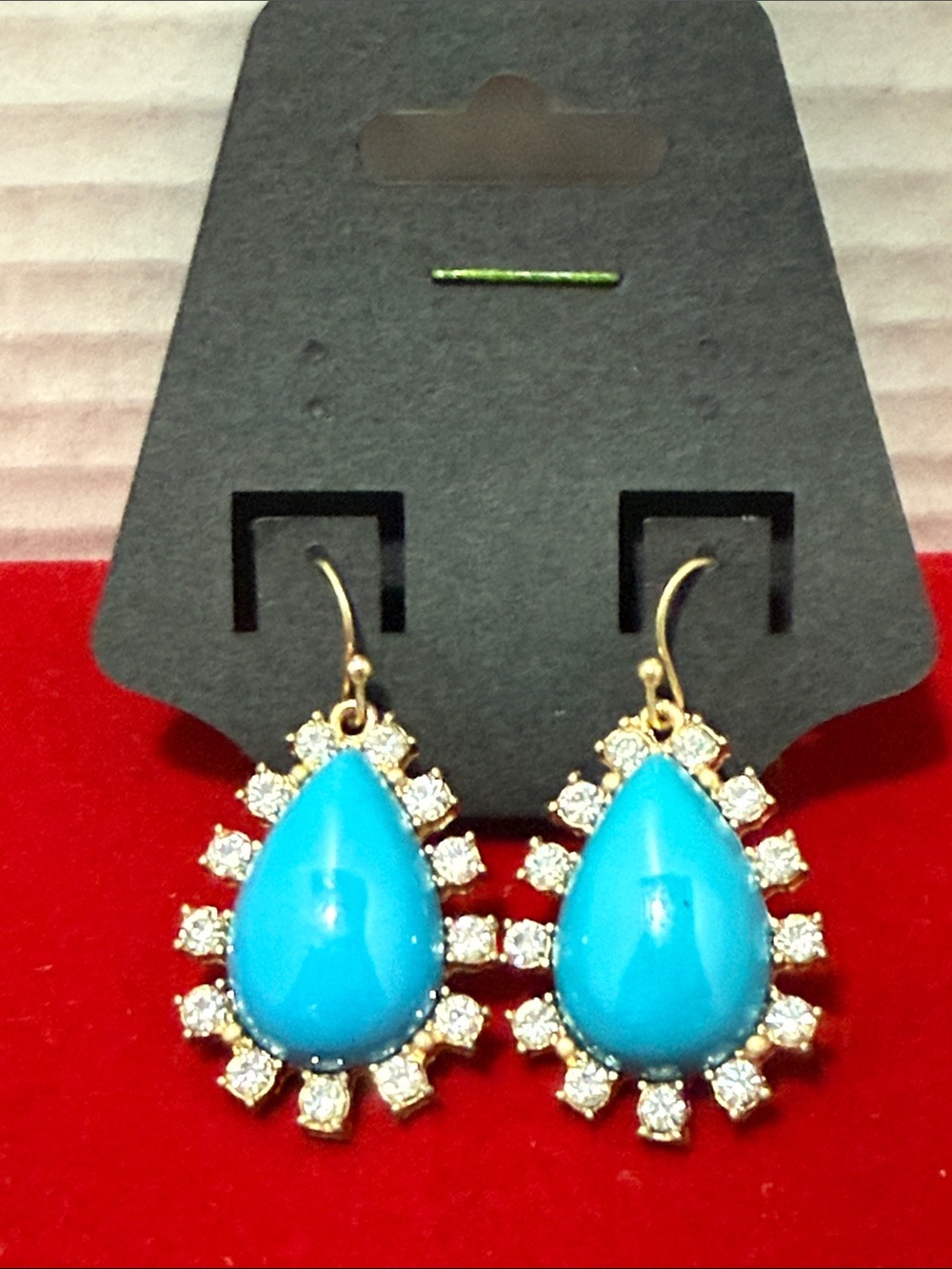 Gold-Tone Turquoise Teardrop Earrings with Clear Crystal Halo